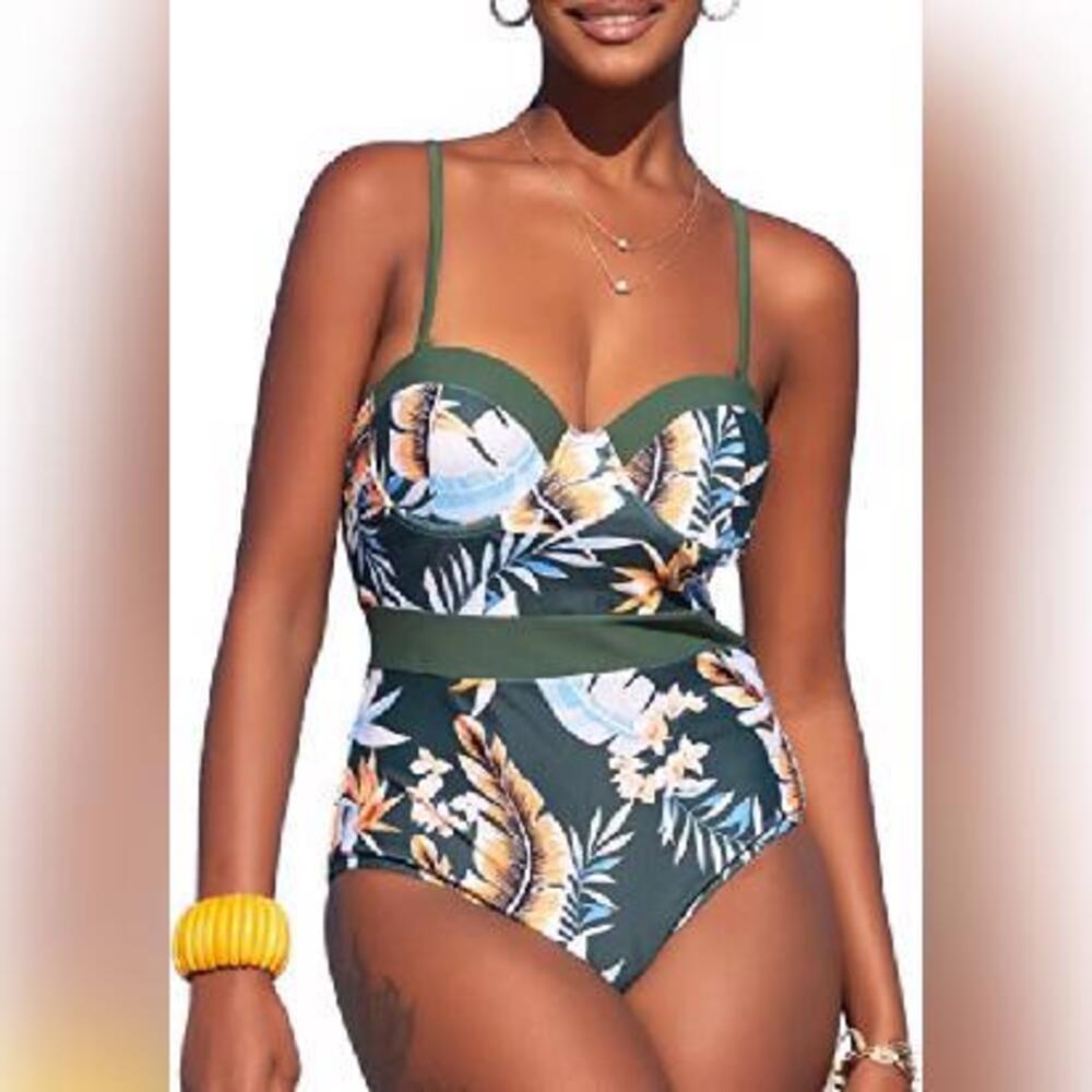 NWT SouqFone Women's Tropical Leaf One Piece Swimsuit, XL